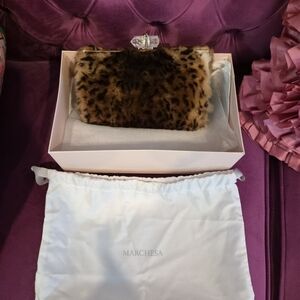 New Marchesa Nina Leopard Rabbit Fur runway crystal Lock clutch Shoulder Bag